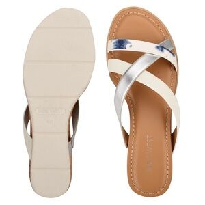 Nine West Slip On Sandals White Silver Strappy Beach Resort Shoes Size 9.5